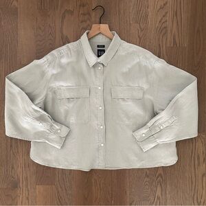 Gap 100% Linen Cropped Button Up Long Sleeve Shirt in Frothy Aqua Size Large